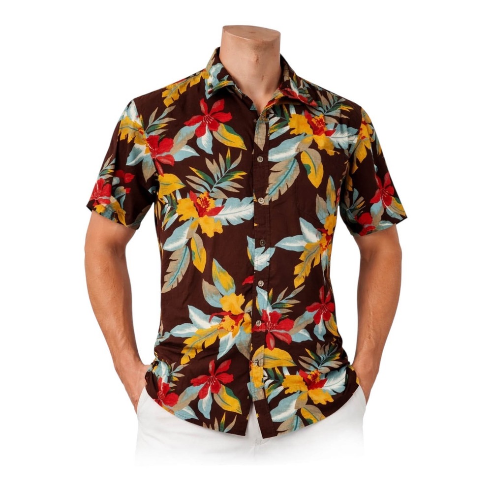 Cooke Street Hawaiian Aloha Shirt Medium Floral Tropical Flowers Brown Green Red